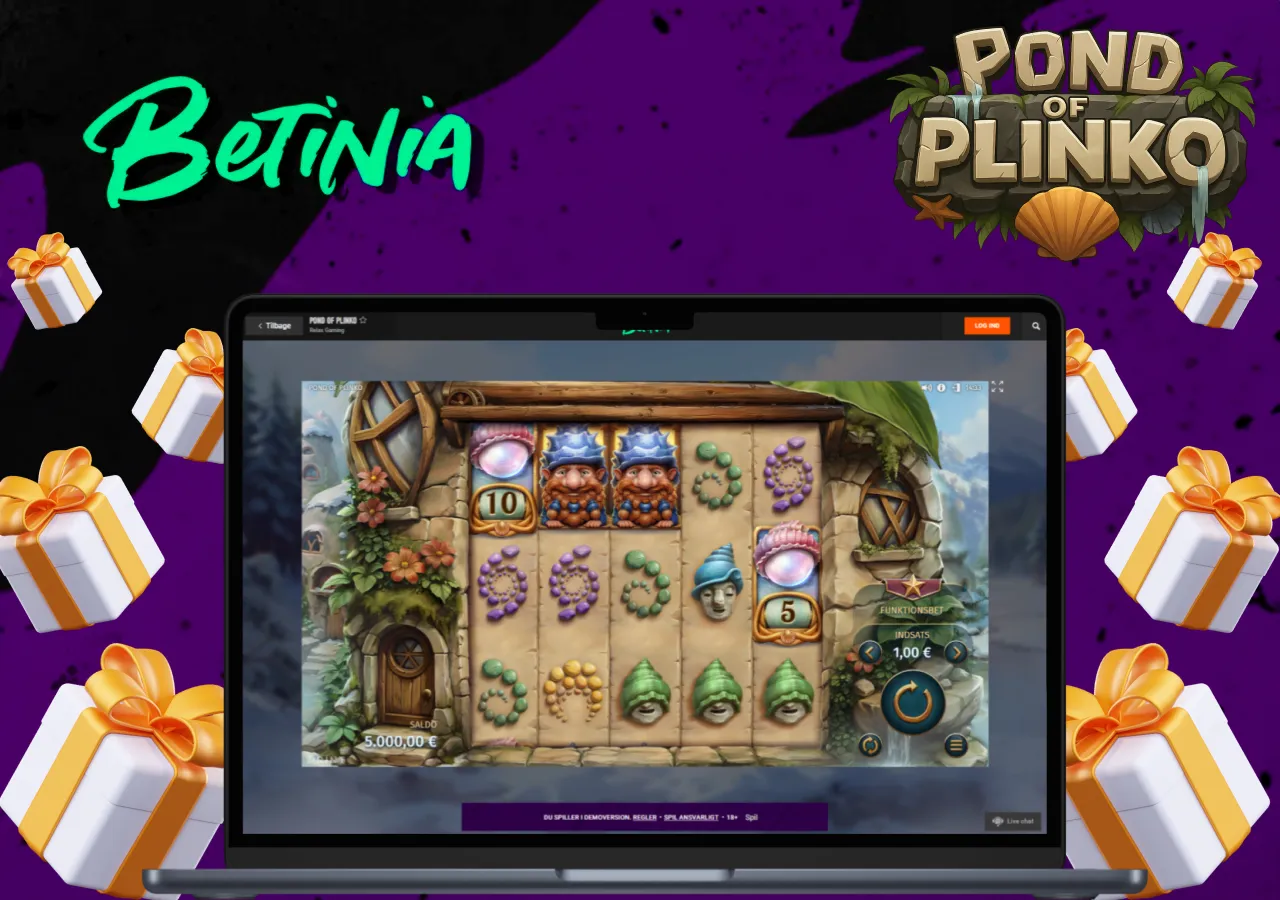 Pond of Plinko slotspil hos Betinia med forskellige symboler og indsatsmulighed vist på en bærbar computer