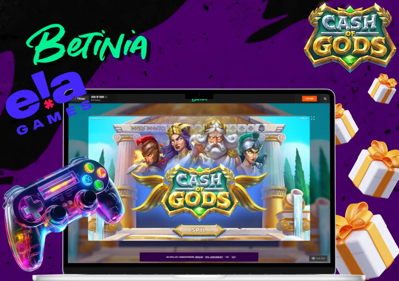 Spilstartskærm af Cash of Gods med farverig grafik og controller