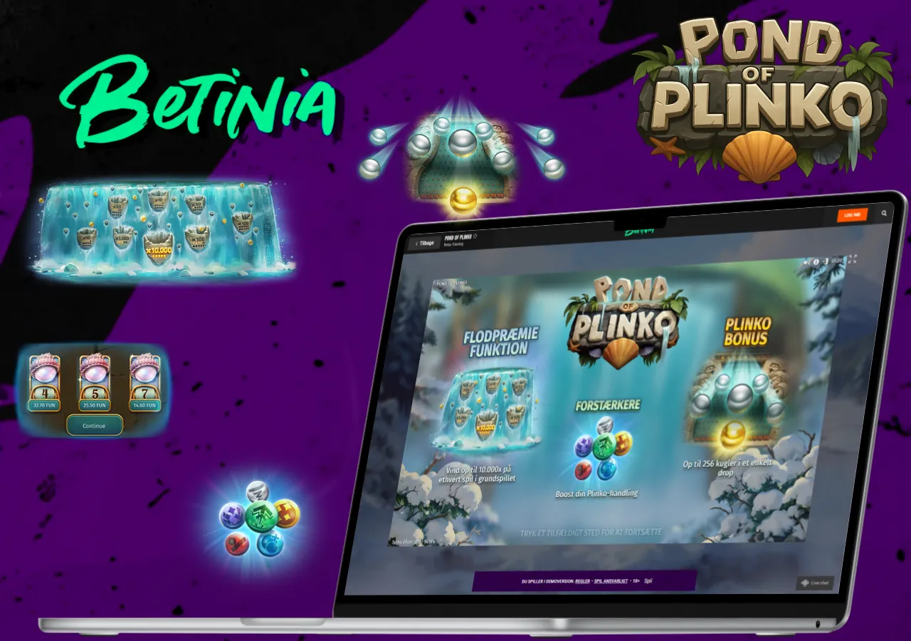 Oversigt over bonusfunktioner spillet på Betinia, inklusive flodpræmie og Plinko bonus