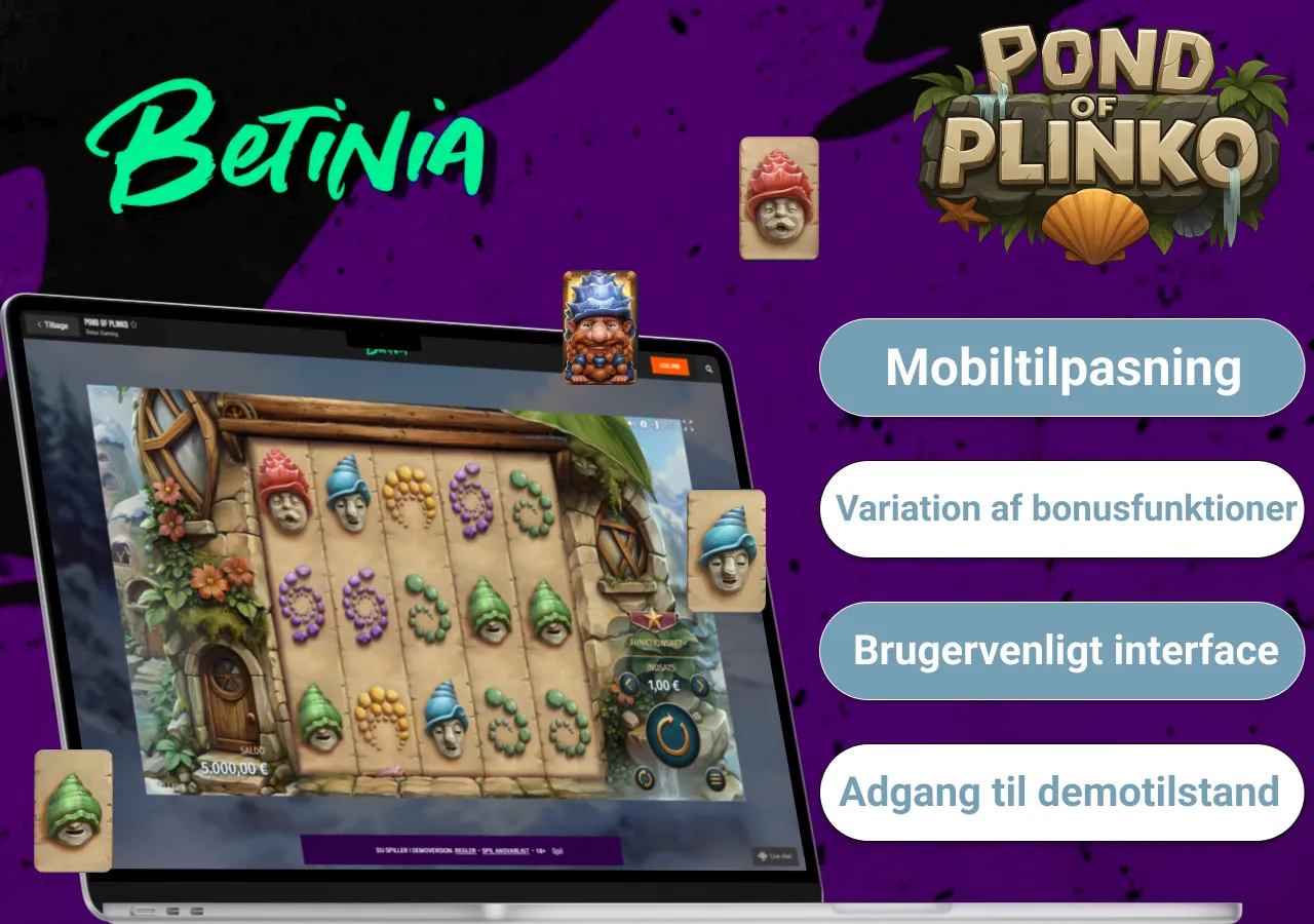 Brugerflade med spilfunktioner i Pond of Plinko hos Betinia, med tekst om mobiltilpasning, bonusvariationer og demotilstand