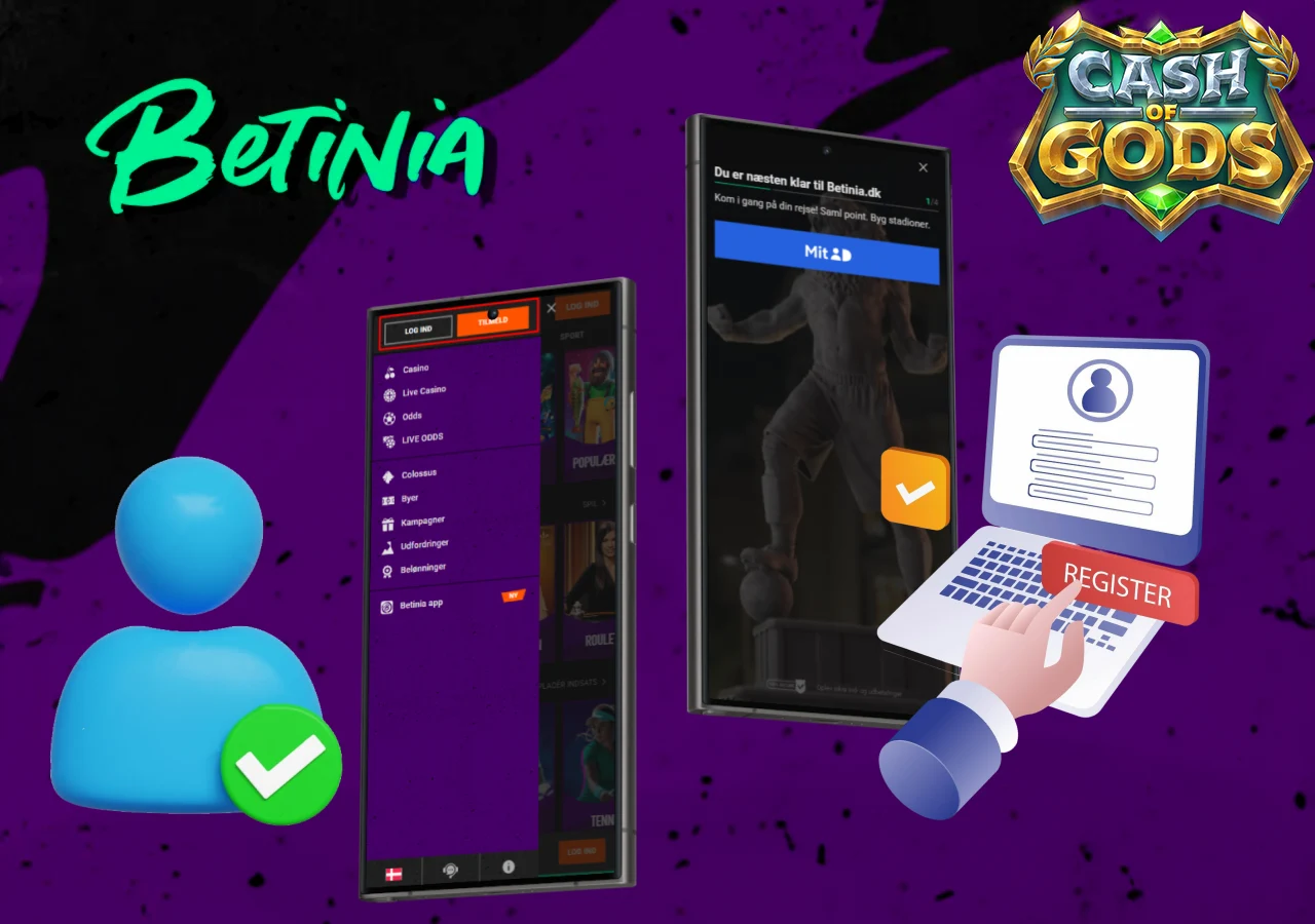 Mobilskærme med Betinia login og registreringstrin for at spille