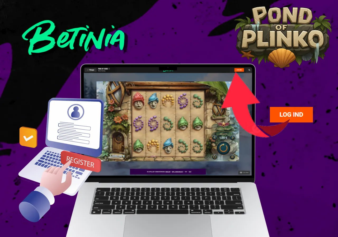 registreringsproces og login til Pond of Plinko hos Betinia casino på bærbar computer