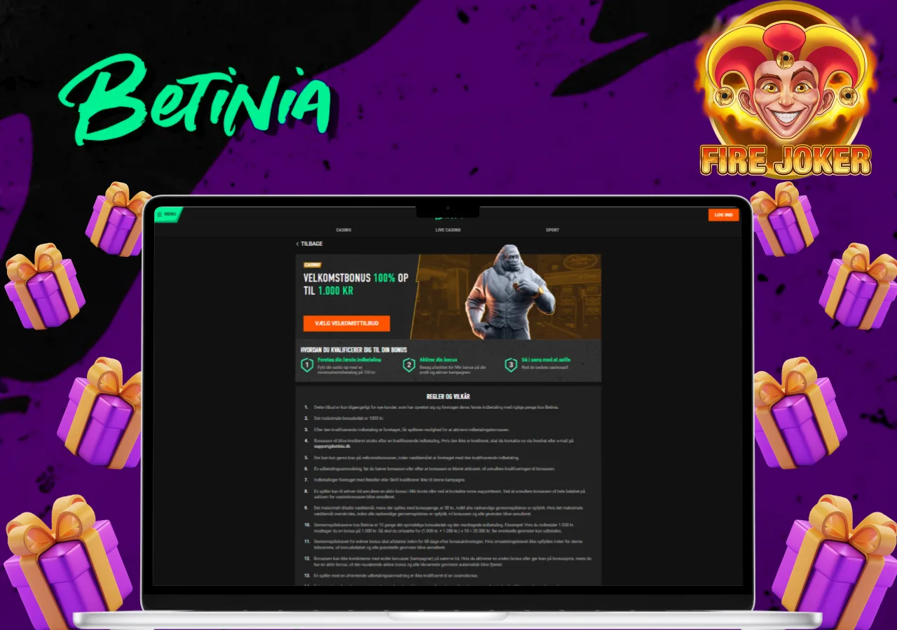 Velkomstbonus til spillere hos Betinia med 100% op til 1.000 kr