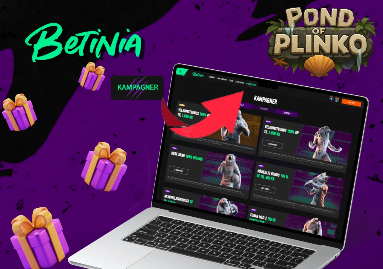 Kampagnesektion på Betinia casino vist på laptop med pil, der peger på kampagnetilbud