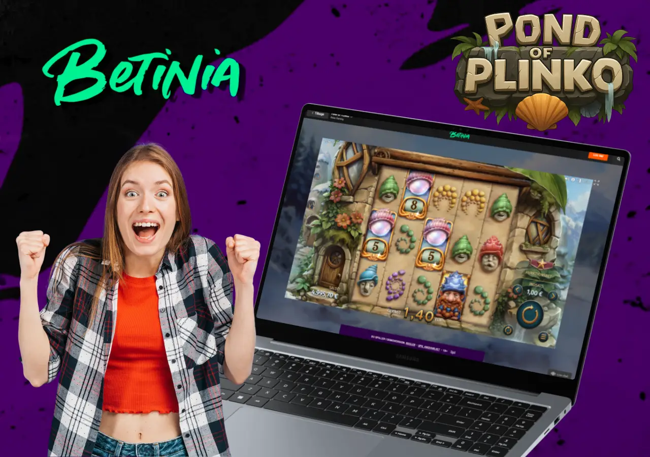 Glad kvinde foran skærmbillede af gevinst i Pond of Plinko spillet på Betinia casino
