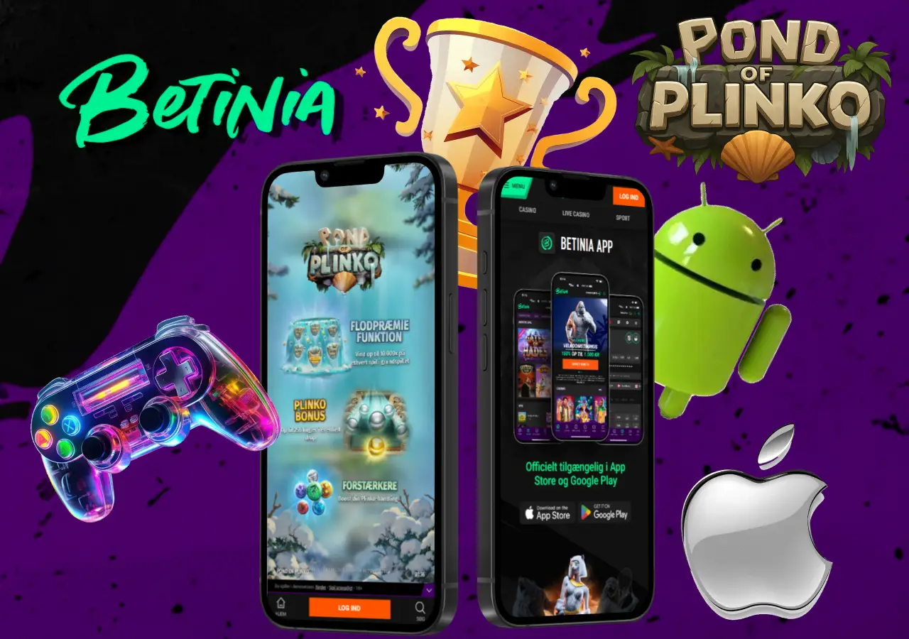 To mobiltelefoner med app og spillet, omgivet af Android- og Apple-logoer samt en trofæ