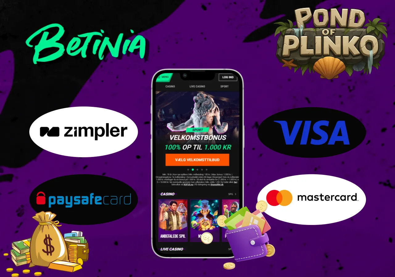 Mobilskærm med Betinia velkomstbonus og tilgængelige betalingsmetoder som Visa, Mastercard, Paysafecard og Zimpler