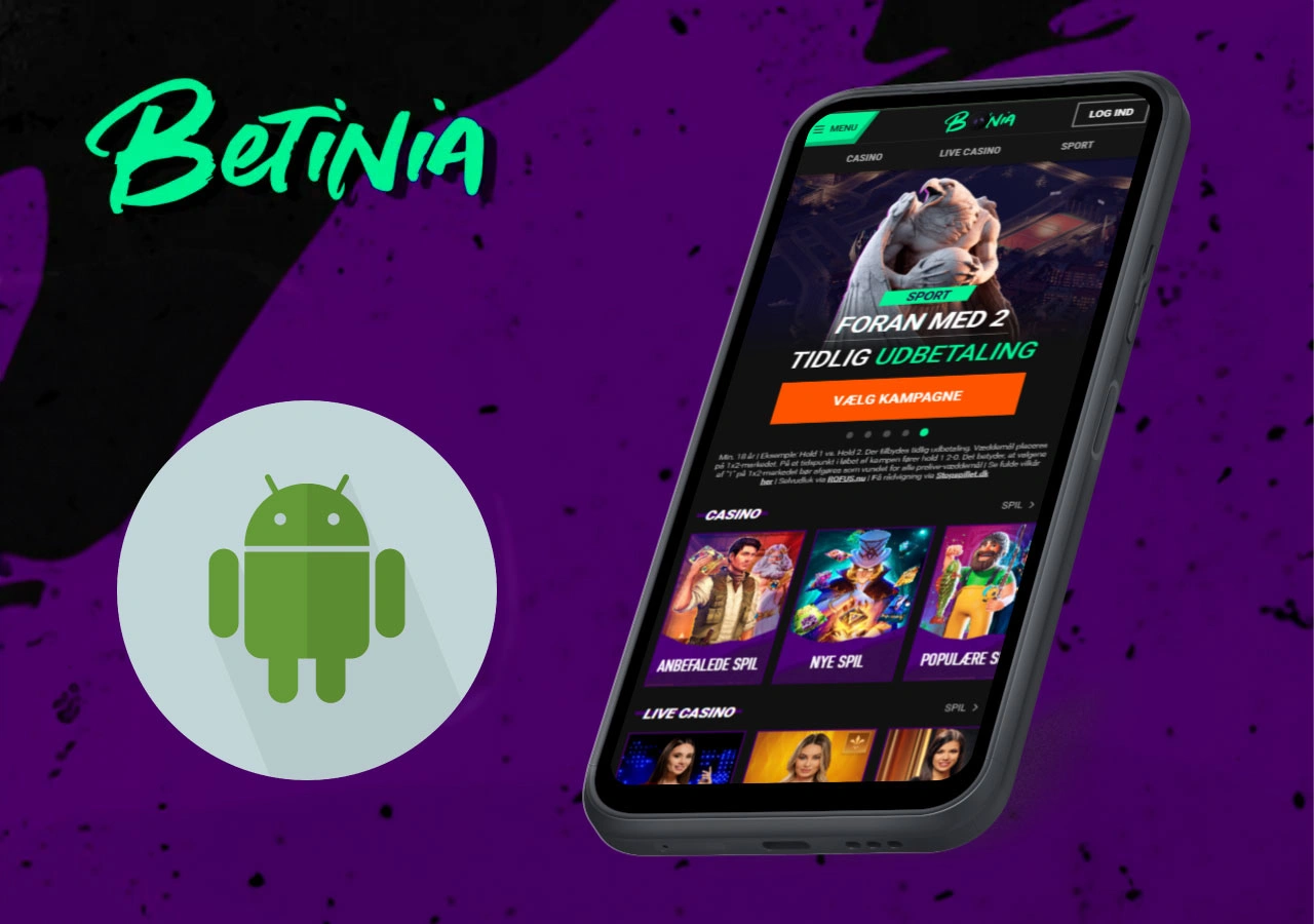 Betinia Android-app på mobilskærm med casino og sportsbonus, Android-logo til venstre på lilla baggrund
