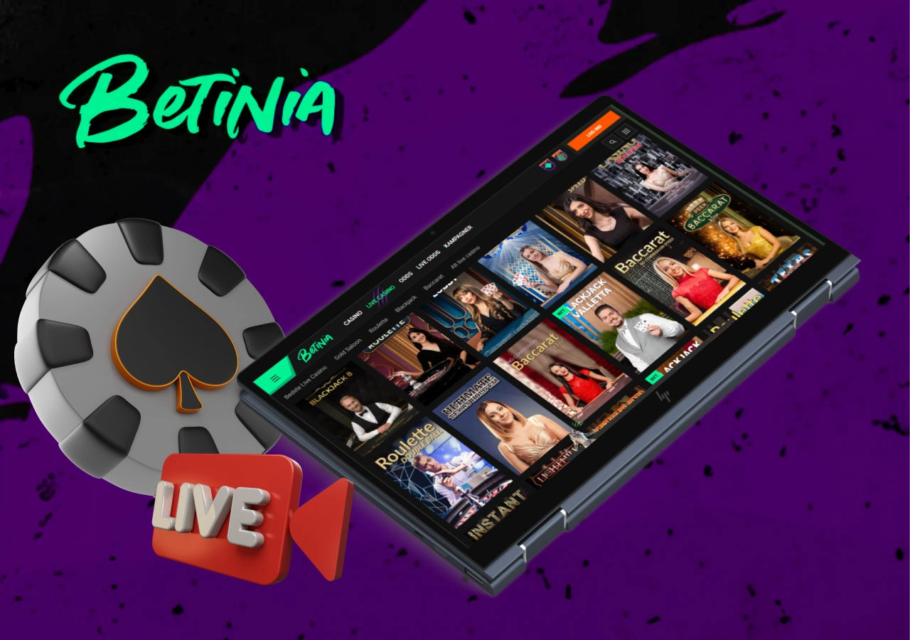 Oversigt over live casino-spil på Betinia med blackjack, roulette og baccarat vist på tablet