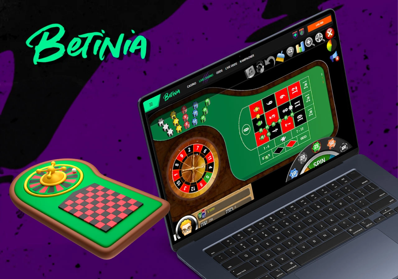 Virtuelt roulettespil på Betinia med spillebord, farverige chips og spin-knap vist på laptop