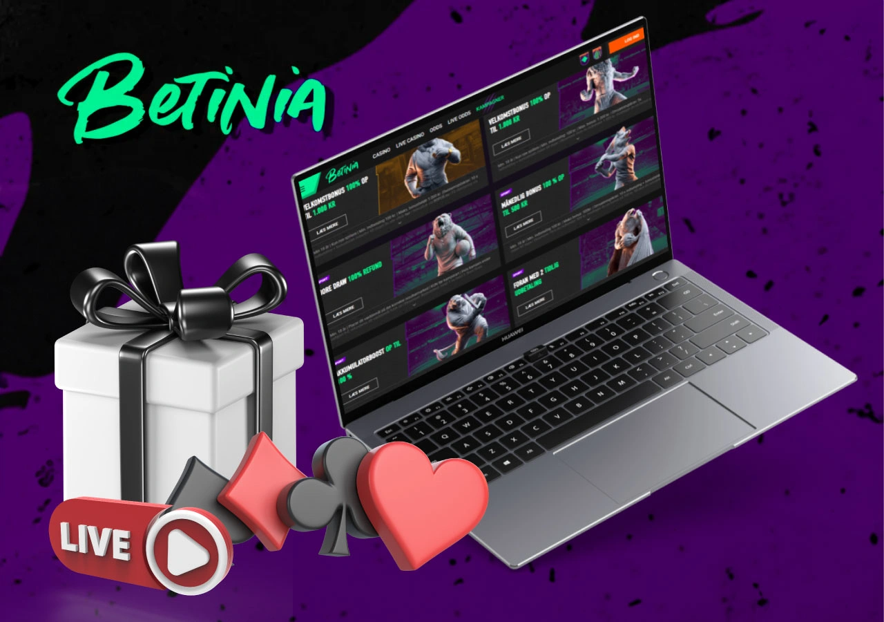 Bonusoversigt på Betinia live casino vist på bærbar med gaveæske og spilleikoner i forgrunden