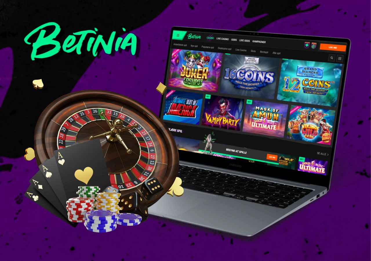 Forskellen på Betinia live casino og almindeligt online casino illustreret med spiludvalg og roulettehjul