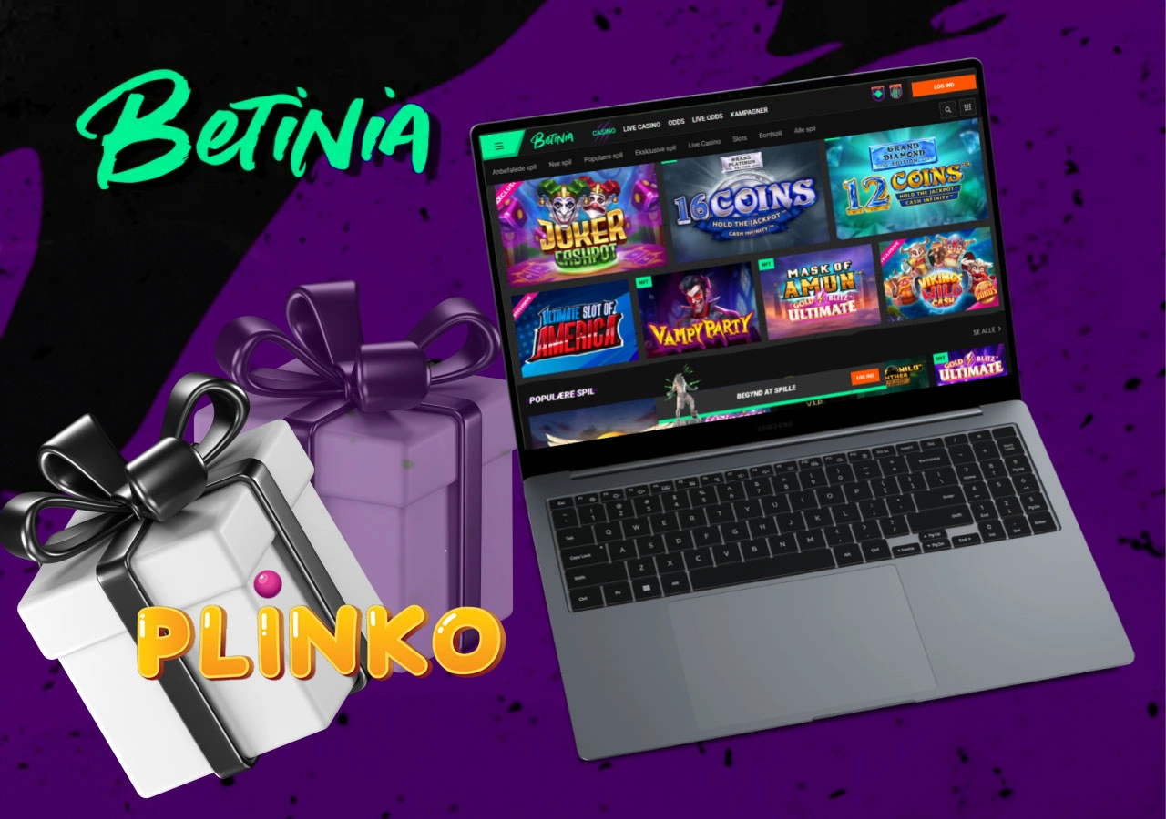 Gaveæsker og Plinko bonusser hos Betinia casino vist ved siden af spilleautomatvalg på laptopskærm