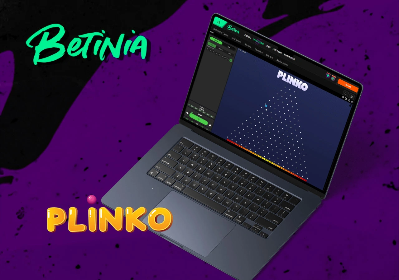 Plinko-demospil åbnet på Betinia casino via bærbar skærm med lilla baggrund og logo