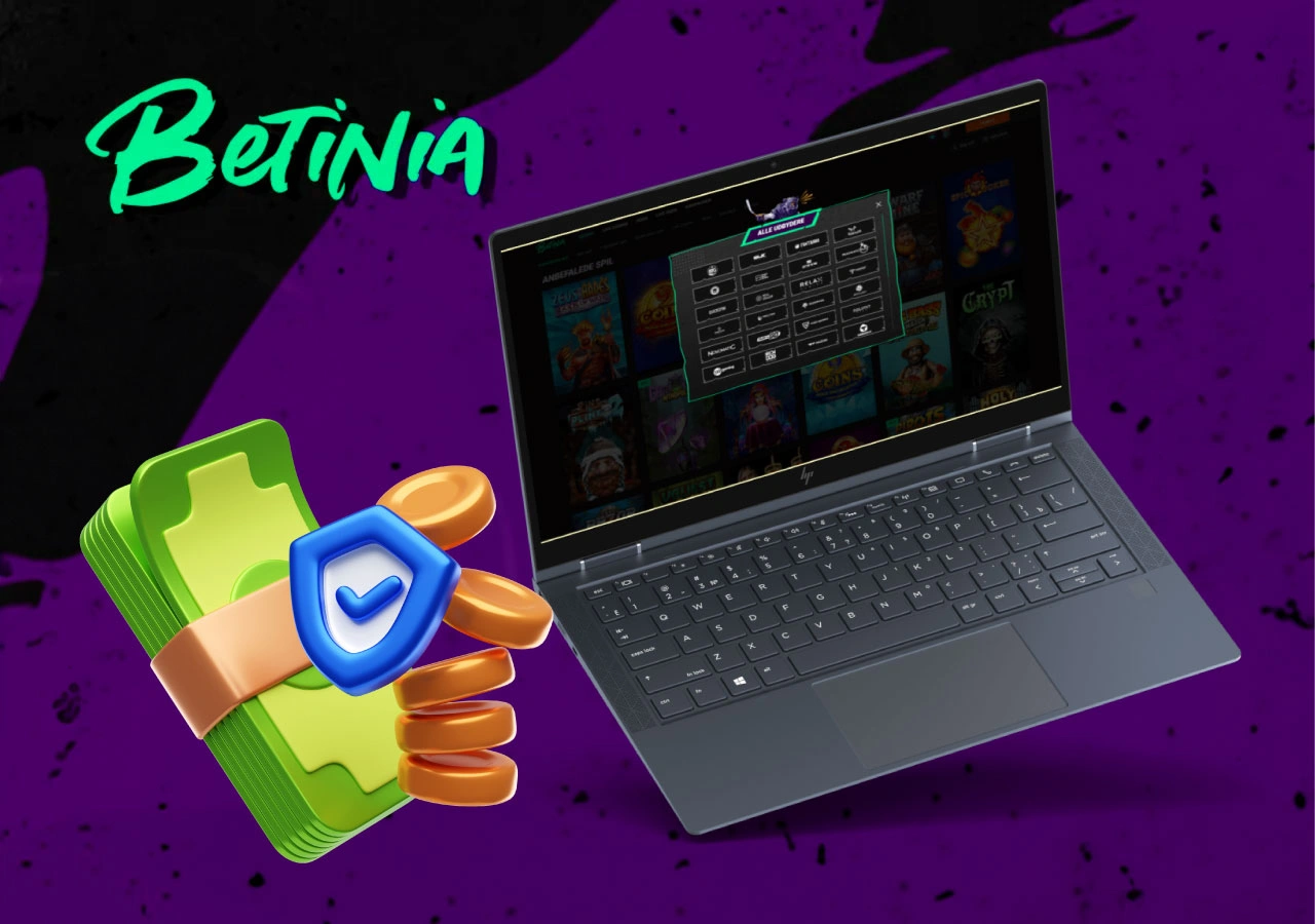 Oversigt over sikre betalingsmetoder i Betinia casino med HP-bærbar og symbol for tryghed og kontanter på lilla baggrund.
